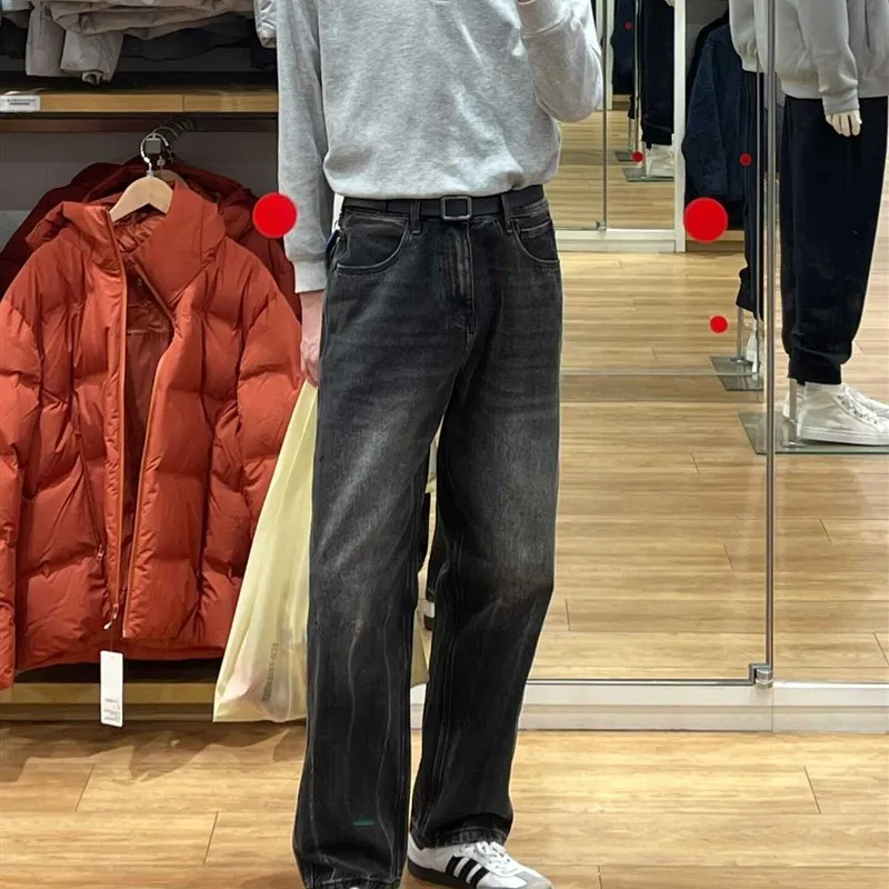 

Retro Washed American High Street Men's Jeans Loose Straight Leg Casual Black Long Pants Vintage Distressed Denim Trousers