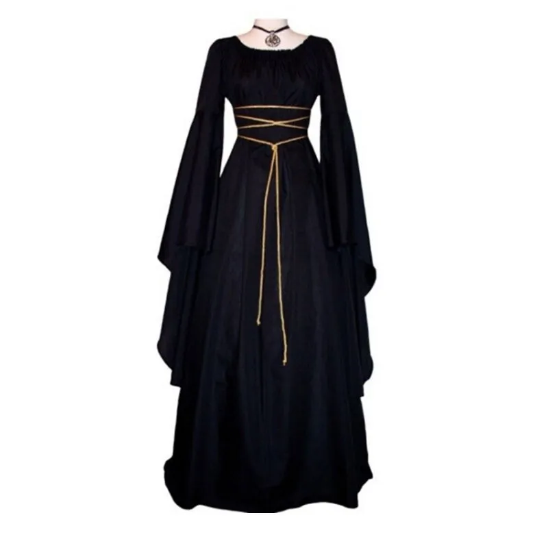 

Cosplay Vampire Witch Maxi Dress Gothic Retro Long Bell Sleeve Bandage Slim Robes Dress With Belt Floor Length Vestidos