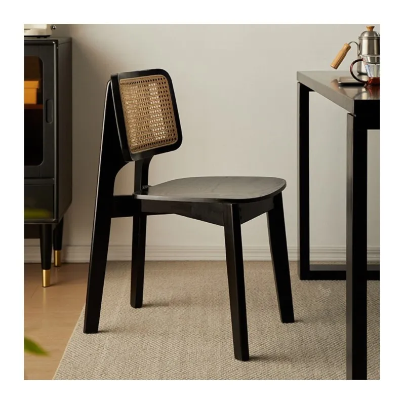 The Dining Chair Woven From Antique Rattan Material In A High-end Black Casual Style Is Suitable For Home Solid Wood Backchairs