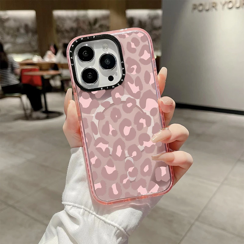 Fashion Pink Leopard Print Clear Case For Iphone 11 12 13 15 16 Pro Max Wireless Magnetic Charging Soft 14 Plus Shockproof Cover