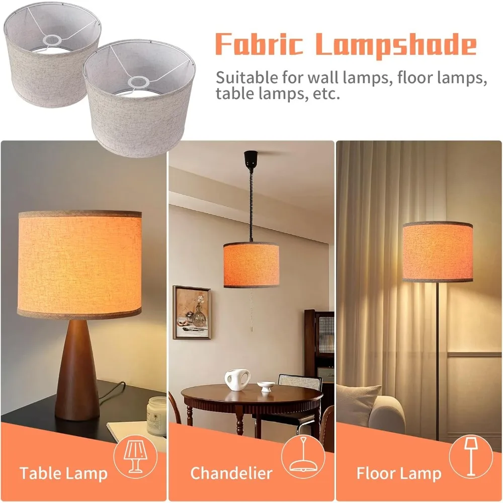 drum lamp shades set of 2, beige linen lamp shades for table lamps, 11‘’ diameter x 8.85‘’ height, replacement lampshades for e2
