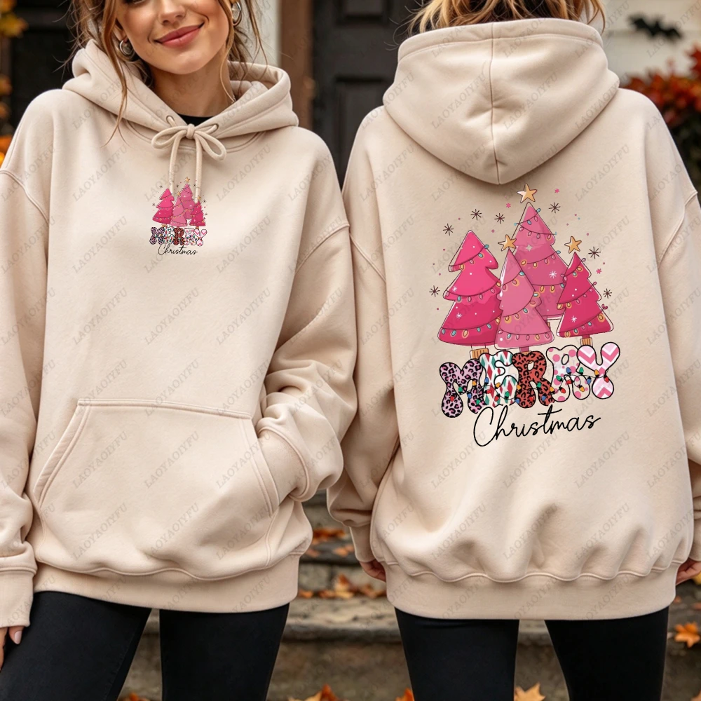 Pink Merry Christmas Tree Double Side Print Hoodie Women Casual Long Sleeve Leopard Bow Festive Girly Xmas Streetwear Hoodies