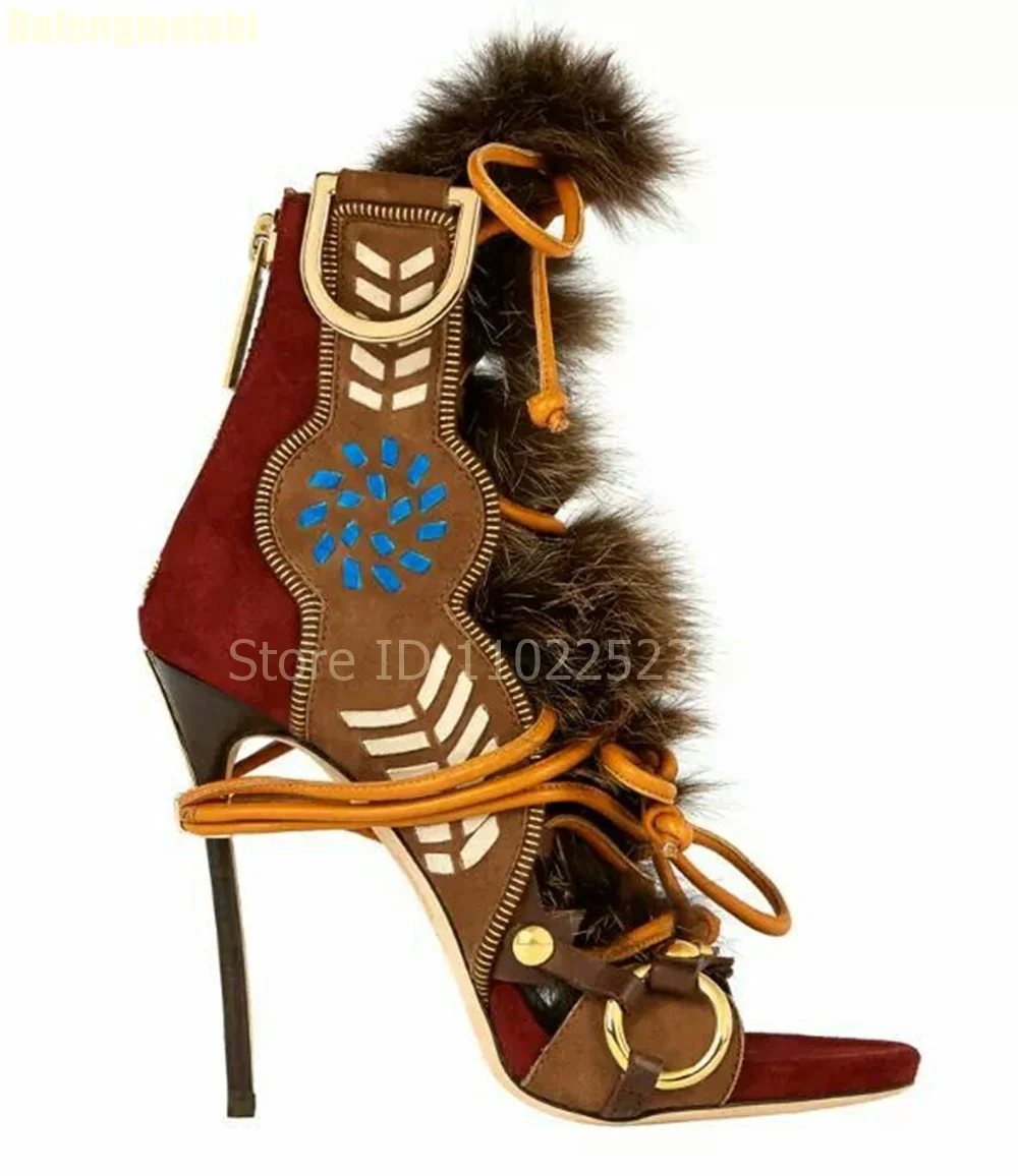 2025 Summer New Hollow Gladiator Sandals Metal Buckle Novelty Fashion Sandals Cross-Strap Fur Thin Heel Open Toe High Heels