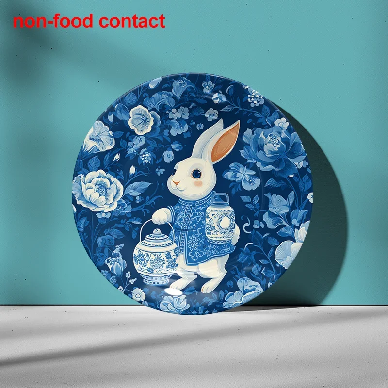 1pc Vintage Blue and White Rabbit with Teapot Ceramic Hanging Wall Art Plate - 8-Inch Round Decorative Tray for Necklace & Ring