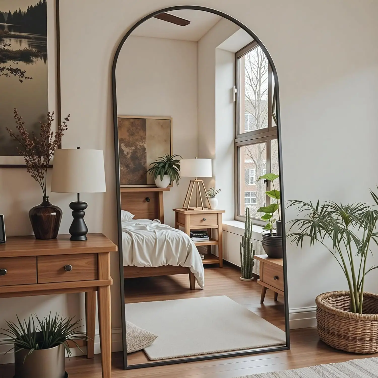 

78x38 Inch Oversized Full Length Mirror with Stand, Arched Aluminum Frame for Bedroom or Living Room, Black