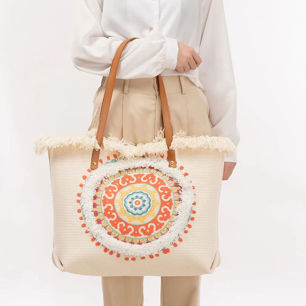 

Богемная сумка с кисточками, этническая холщовая большая сумка для женщин, большая вместительная сумка на плечо для пляжного отдыха с струящейся бахромой