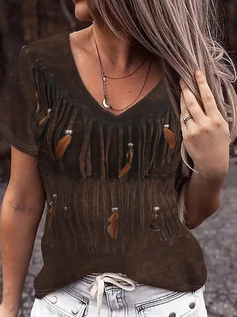 

Women's V-Neck T-Shirt Abstract Forest Print Bohemian Style Fashion Casual Blouse Street Outdoor Ladies Summer Clothing