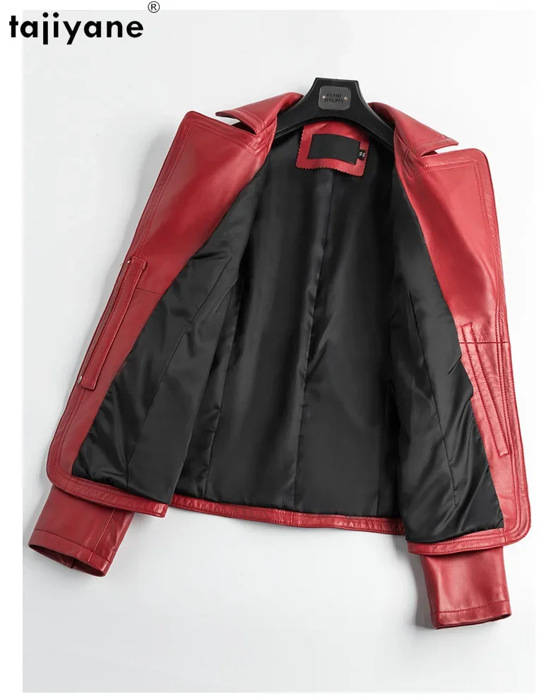 Tajeyane-Chaqueta de piel auténtica para mujer, abrigo corto ajustado de piel de oveja auténtica, color rojo, a la moda, novedad de 2023