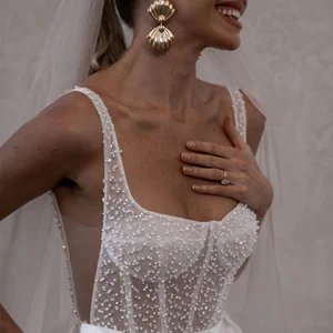 Spaghetti -Gürtel Perlen -Hochzeitsfeierkleid mit ärmellose Taschen Brautkleider kurzes Rückenloser Hochzeitskleid 10 Hauptverkaufsbraut Tante Kleid - №8