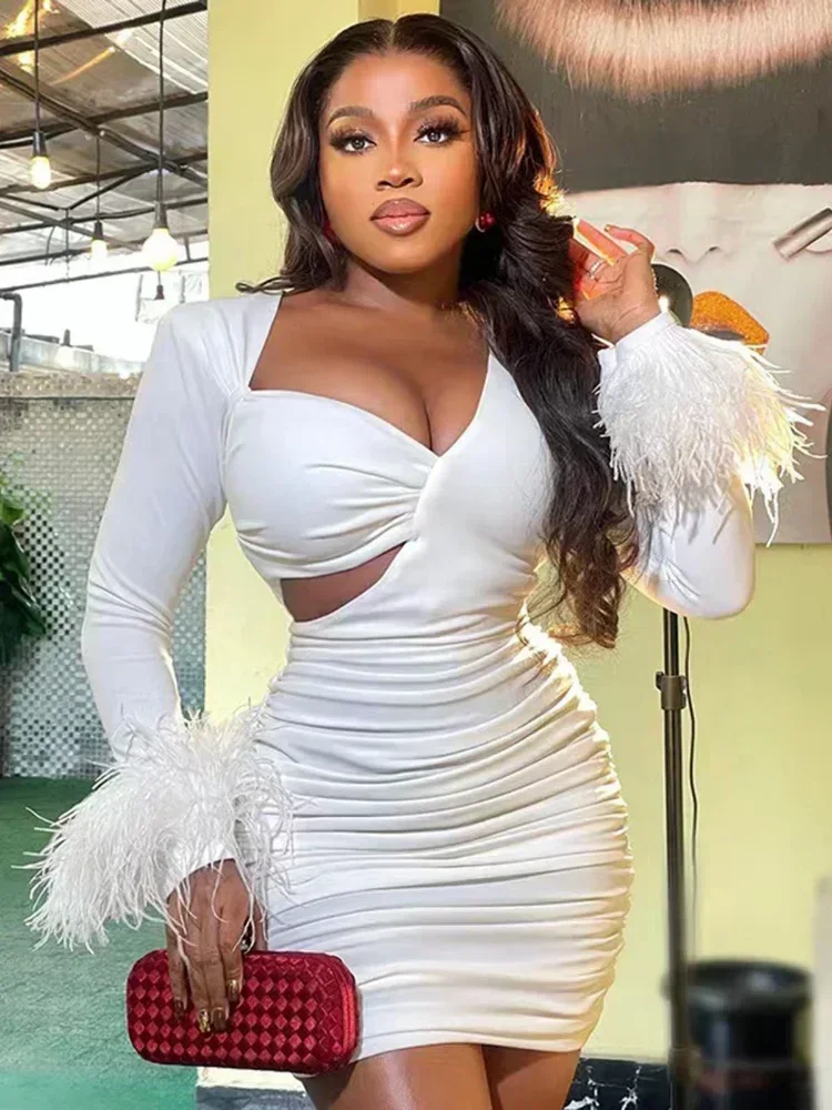 Guwu pena bainha manga longa assimétrico com decote em v recorte lateral ruched empilhado sexy bodycon vestido oco para fora vestidos de festa femininos