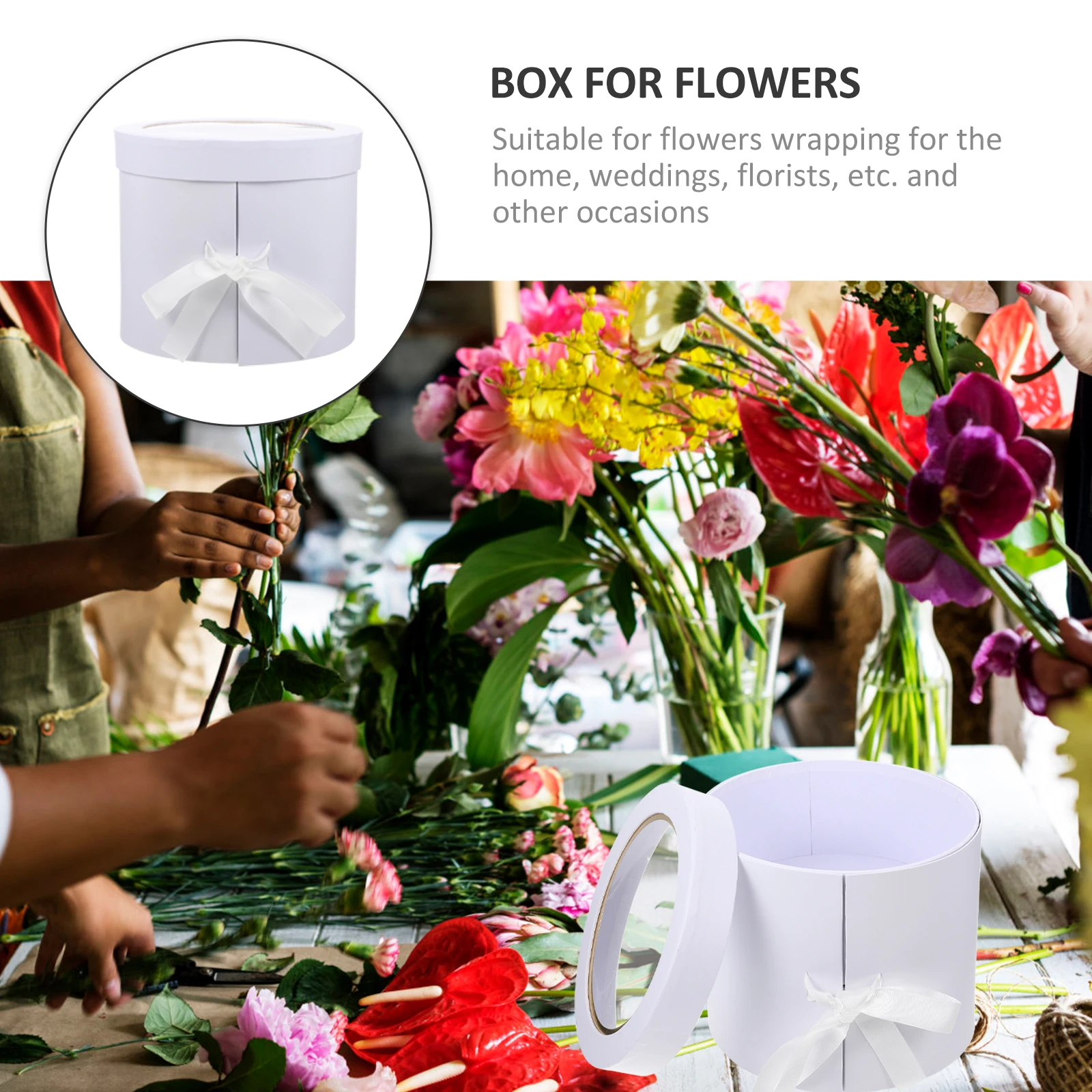 

Flower Boxes for Bouquets White Round Gift Wrapping Valentine Day Treat Floral Storage Bridesmaid Roses Gypsophila