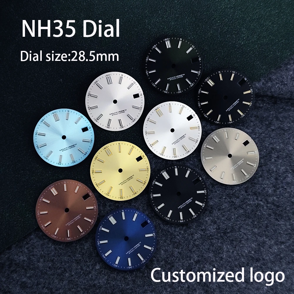 หน้าปัดนาฬิกาขนาด 28.5 มม. พร้อมโลโก้แบบกำหนดเอง หน้าปัด NH35 สีน้ำเงินเรืองแสง เหมาะสำหรับอุปกรณ์เสริมนาฬิกาเครื่อง NH35