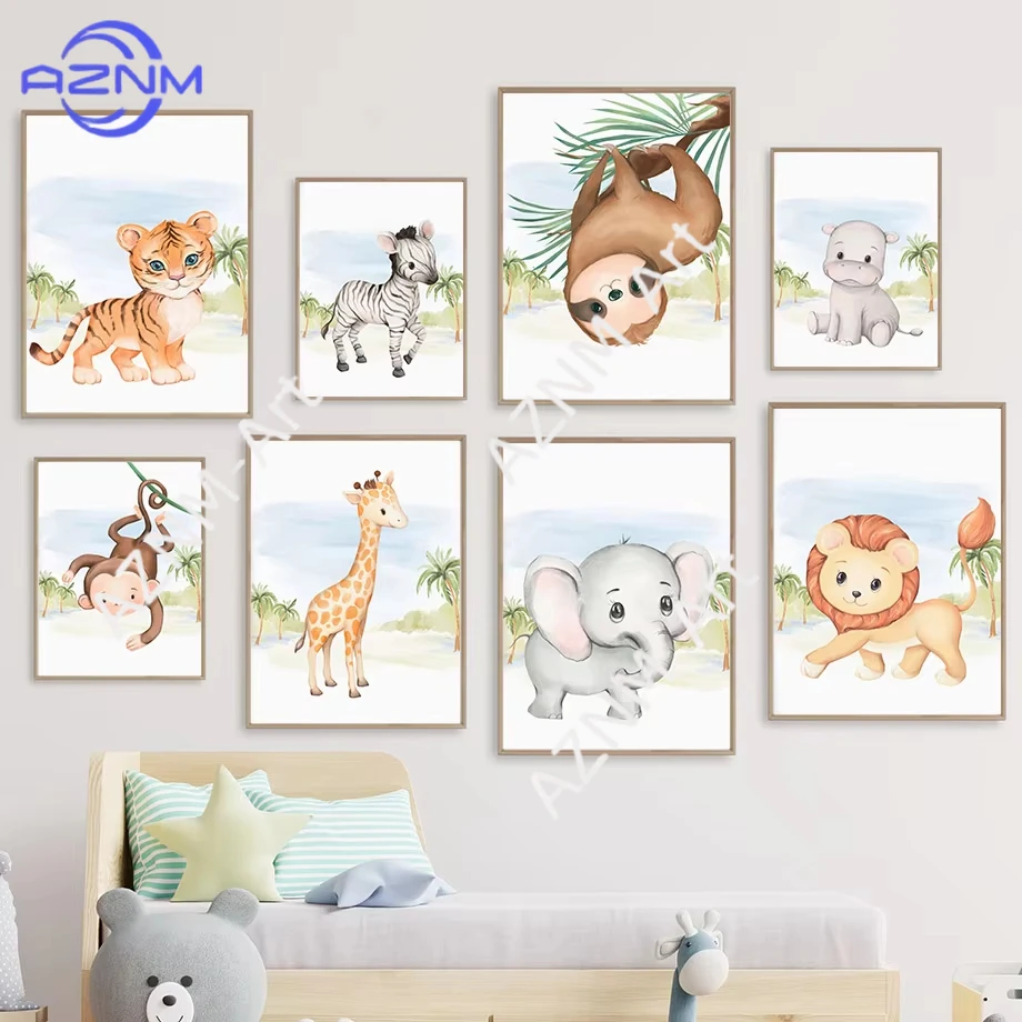 1 Stück Elefant Löwe Giraffe Affe Zebra Tiger Kinderzimmer Poster Wandkunst Leinwanddruck Gemälde Baby Kinderzimmer Heimdekoration