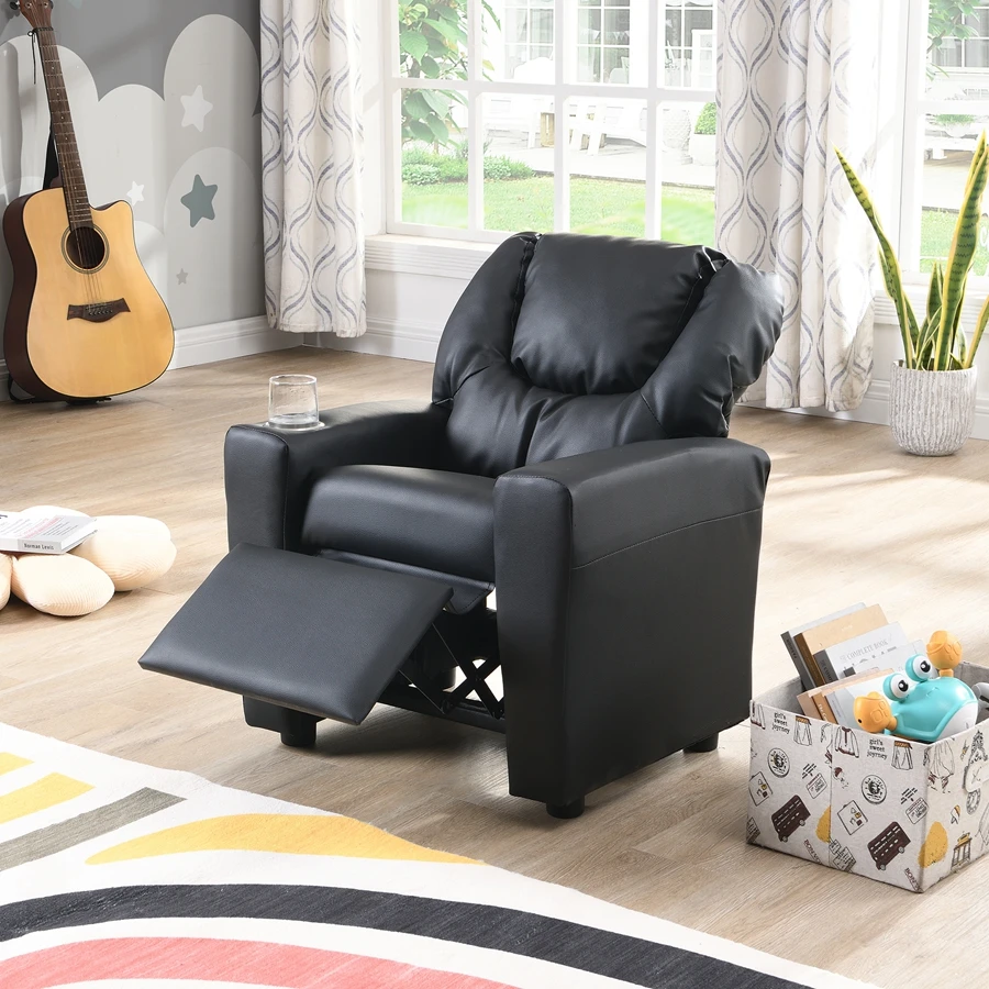 Children's Recliner Black Pvc, Modern Comfortable Living Room Armchair, Multi-functional Sofa With Cup Holder