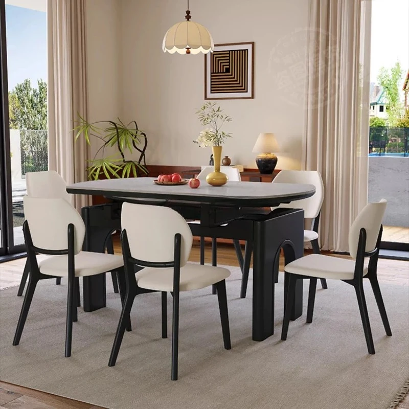 

Solid wood rock slab dining table and chair combination modern simple small apartment, square and round dual-purpose retractable