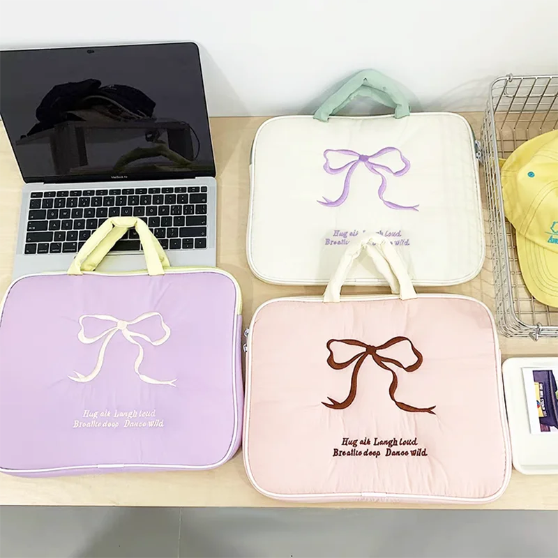 Borsa per Laptop adorabile da donna borsa per Computer portatile con cerniera protettiva in tela morbida Bowknot per ragazze