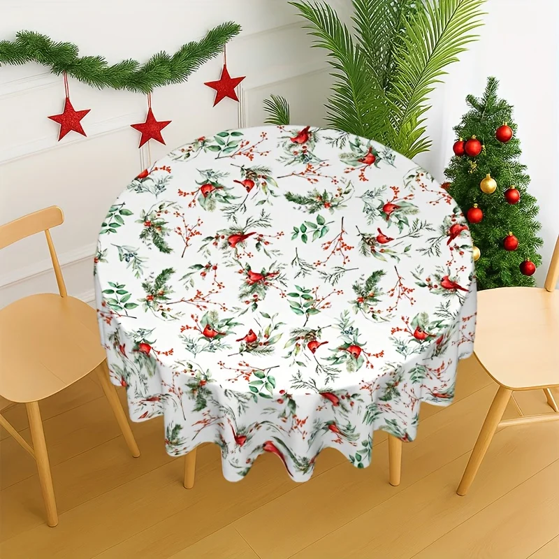Christmas red cardinal and holly leaf round tablecloth 1 piece