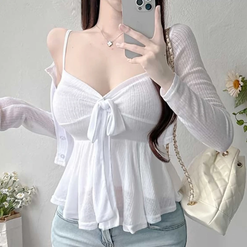 

Sexy Slimming Knot Strap Cardigan Two-Piece Set Women's Fashion Casual Wear ZILIHUA Brand Long Sleeve Regular Length