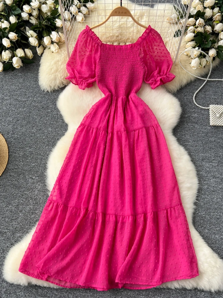 

Foamlina Slash Neck Off Shoulder Short Sleeve Summer Dress Women Fashion Dot Hollow Out Pleated Elastic Waist A Line Midi Dress