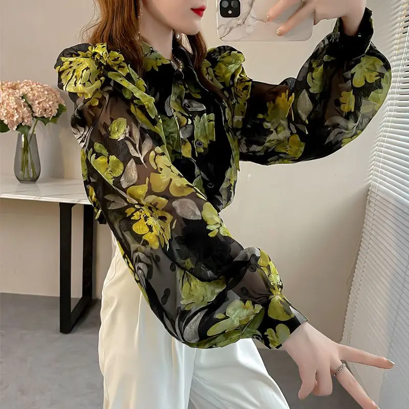 2023 Spring Autumn Women\'s Clothing Turn-Down Collar Puff Sleep Patchwork Printing Button Loose Fashion Long Sleeve Blouses