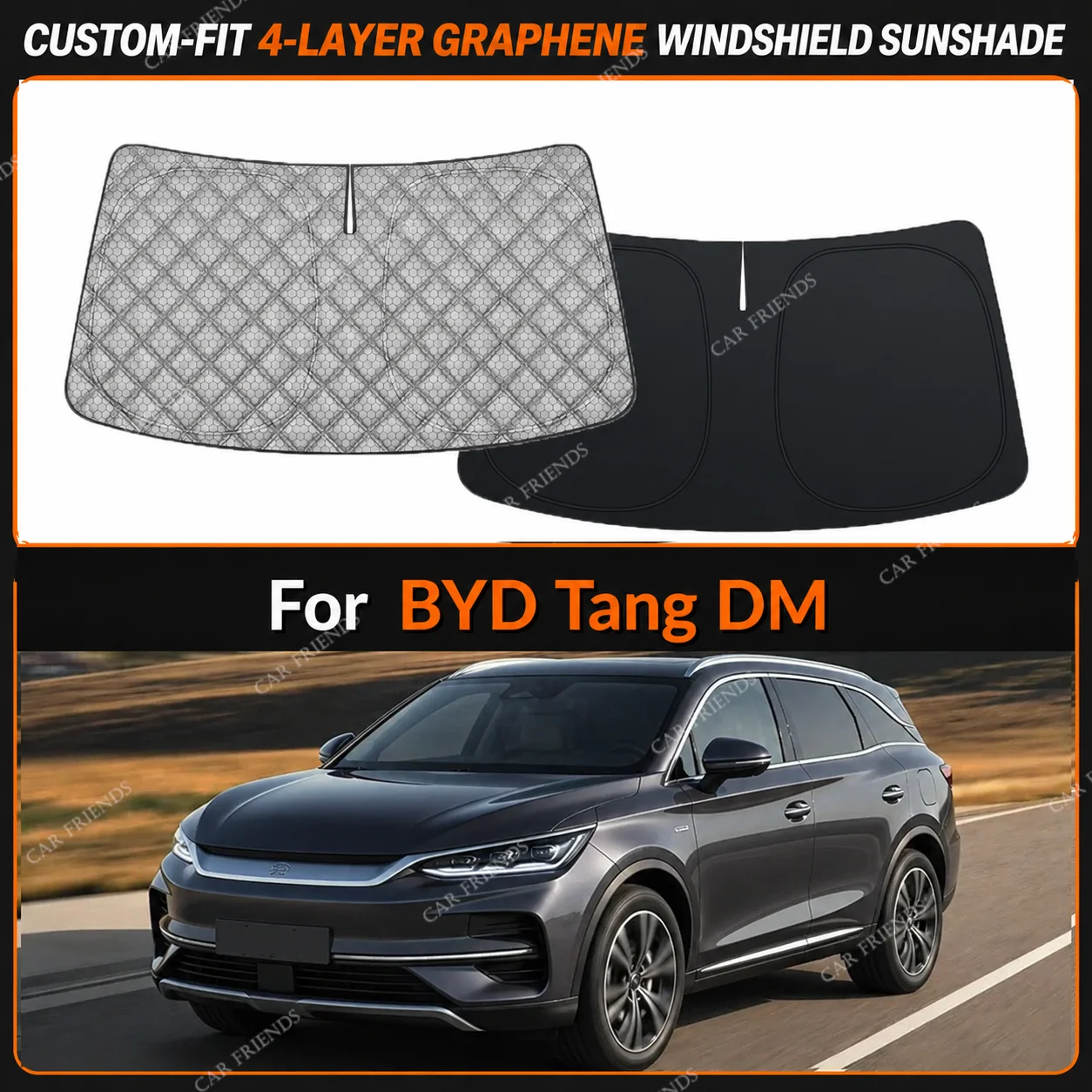 For BYD Tang DM Custom-Fit 4-Layer Graphene Windshield Sunshade Reflective Gray-Silver Surface Helps Reduce Direct Sunlight