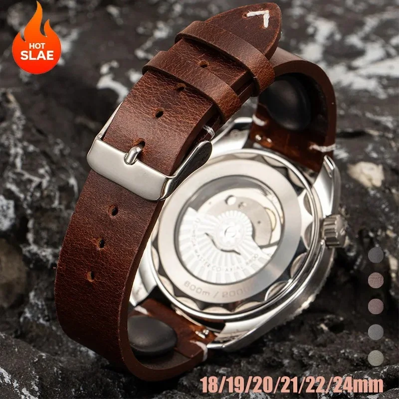 Vintage Oil Wax Leather Watchband 18mm 19mm 20mm 21 22mm 24mm Universal Stitching Cowhide Strap for Omega for Samsung Watch Band