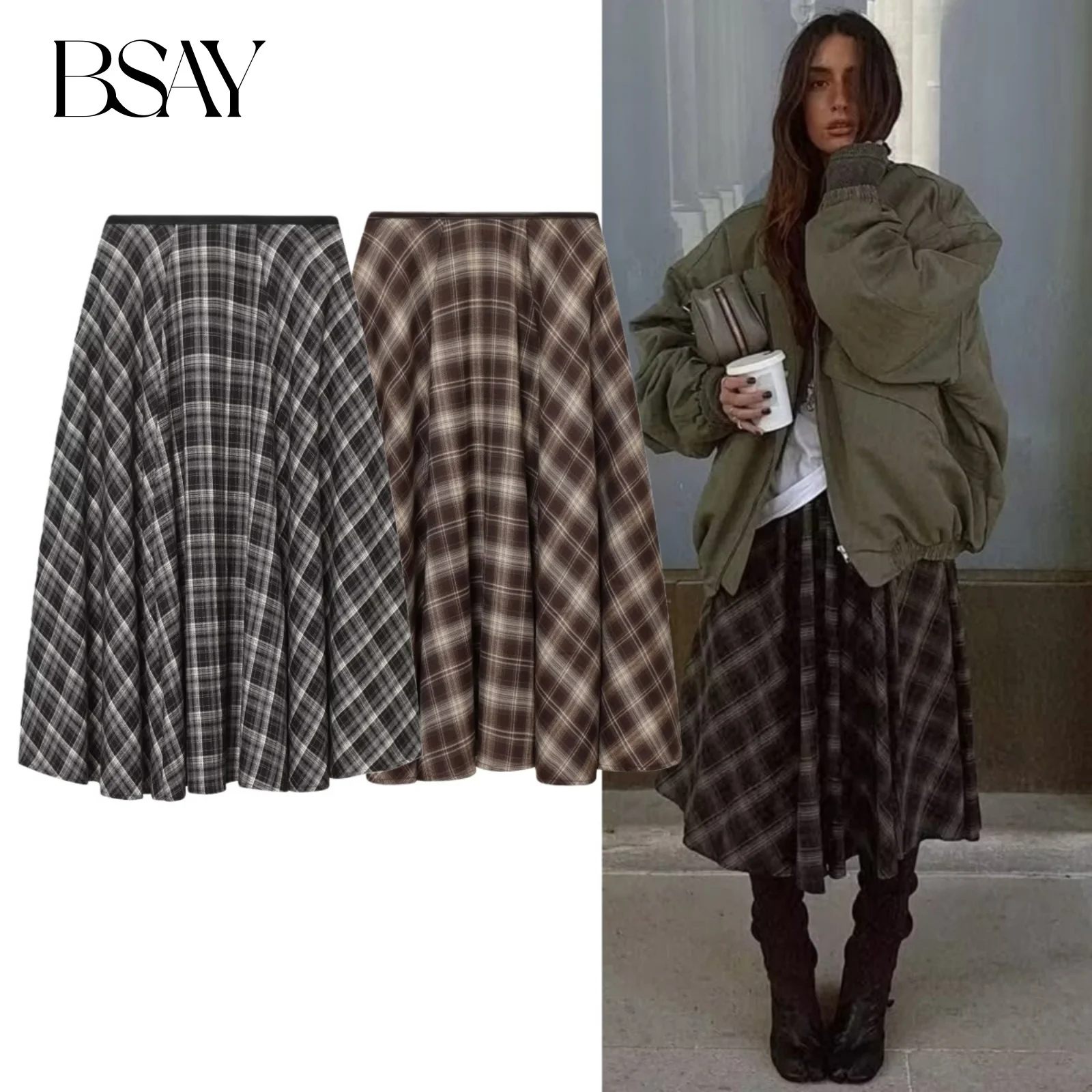 BSAY Loose Plaid Umbrella Skirt Women's clothing Autumn Winter Side Zip Chic Female High Waist Elegant A-line Long Skirts Mujer