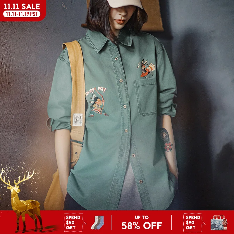 

Maden женская винтажная стираная рубашка с длинными рукавами и вышитым принтом, 100% хлопок, свободная блузка с воротником, однобортные осенние топы