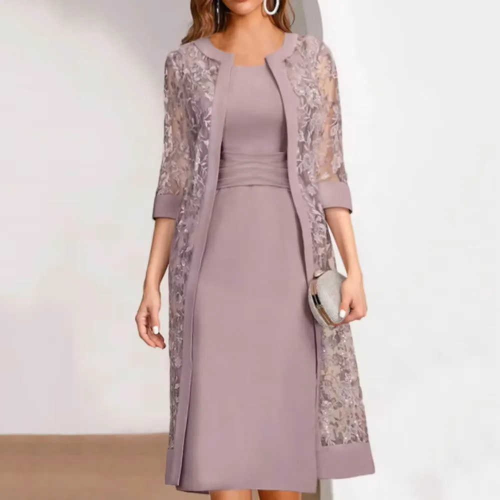 

Customized Two Pieces Mother of Bride Dresses Lace Formal Dress Straight Wedding Party Knee Length Wedding Party Dresses