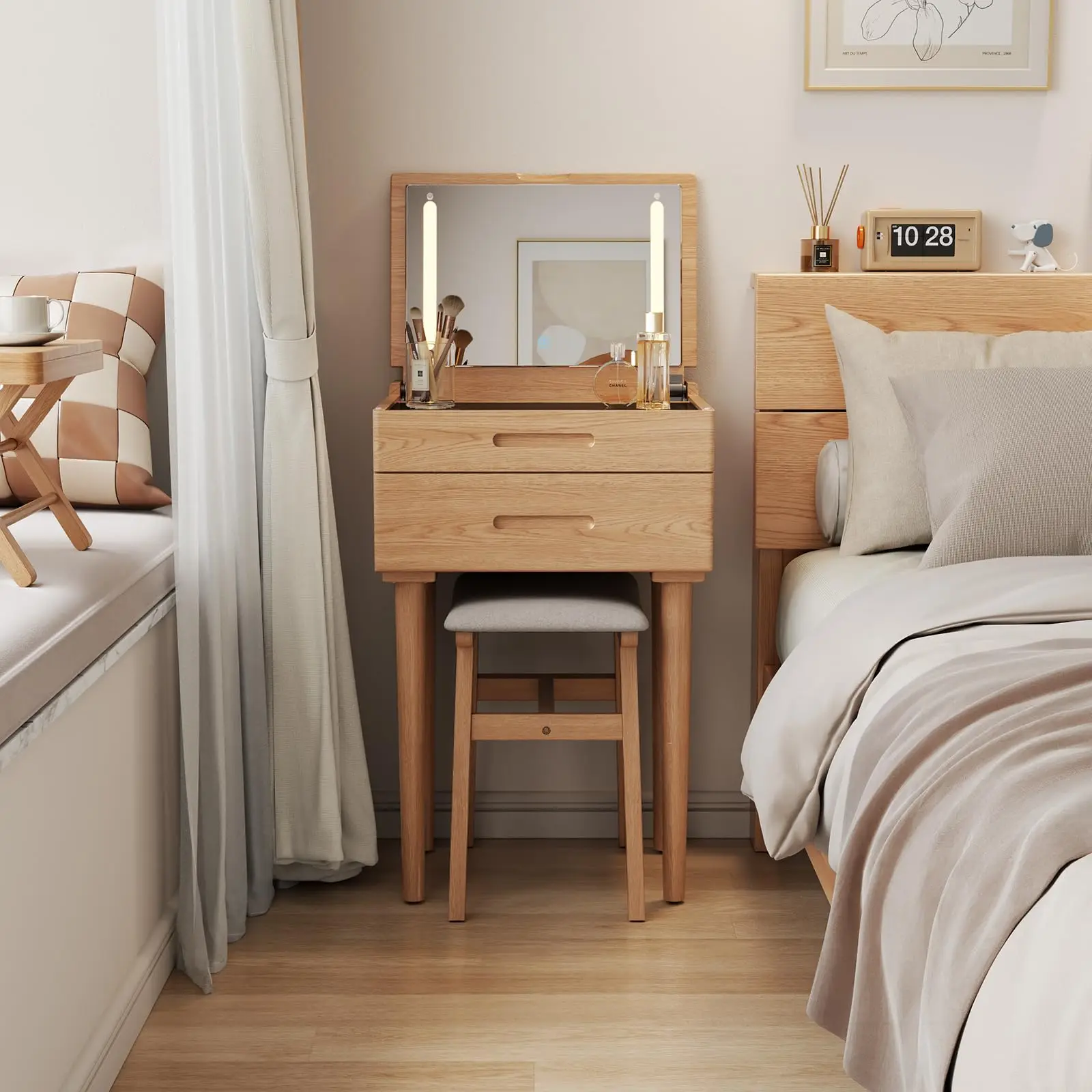 

Solid Wood Vanity Desk With Mirror And Lights Narrow Makeup Table For Small Space 19.6 Inch Slim Dressing Table