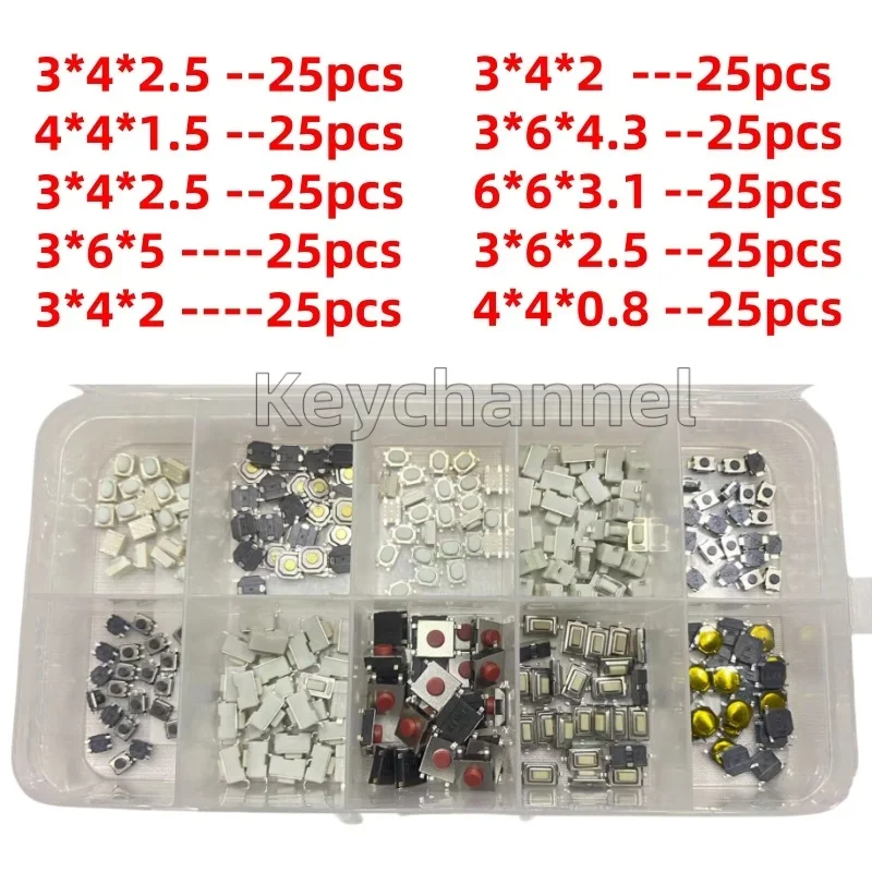 250pcs Car Key Switch Button 10 Types One Box 4*4*0.8 Micro Circuit Board 3*4*2.5 Switch Repair Switch for BMW VW Folf Fiat Opel