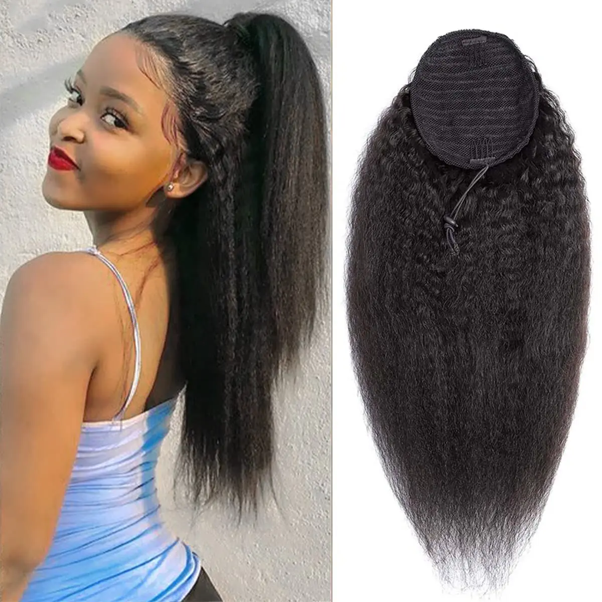 Ulrica Drawstring Straight Kinky Human Hair Ponytail Extensions Clip In Ponytail Human Hair For Women Natural Color Horse Tail