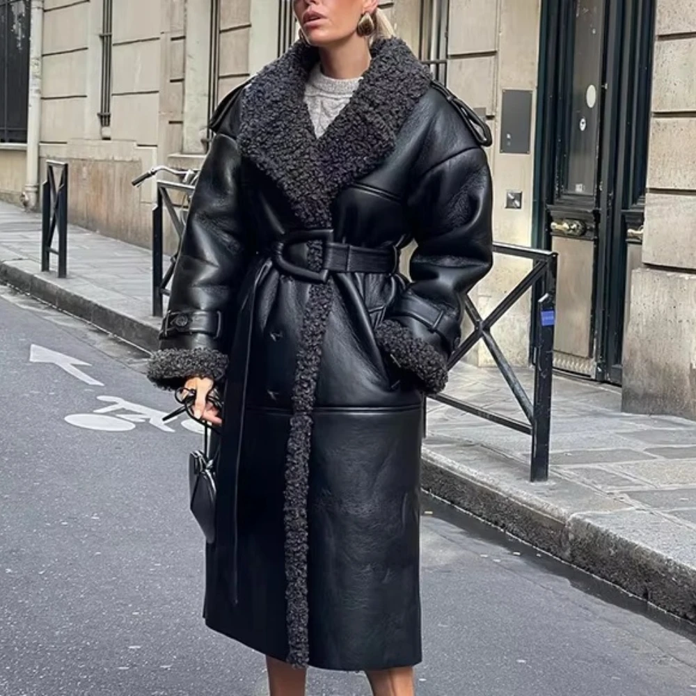 女性用ラムウールレザーロングジャケット,暖かいラペル,長袖,ベルトポケットコート,パッチワーク,冬,2022