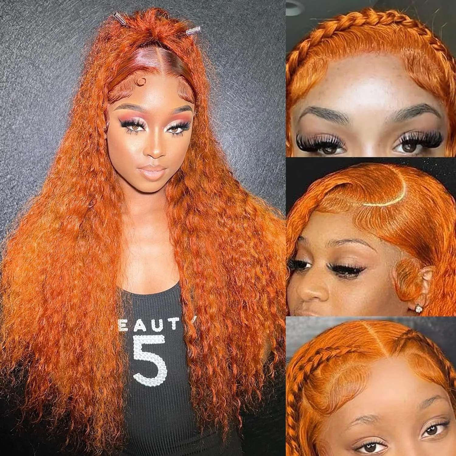 13x6 Orange Ginger Deep Wave HD Transparent Lace Front Wigs Curly Human Hair for Women 200% Density 350# Water Wave Colored Wig