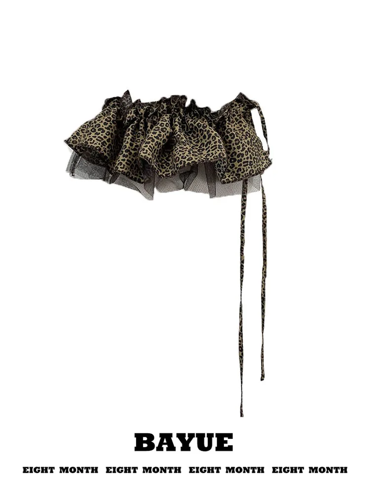 

American Retro Leopard Print Waist Seal Assorted Tulle Skirt Curtain Belted Ultra Short Waist Apron A-Line Short Skirt