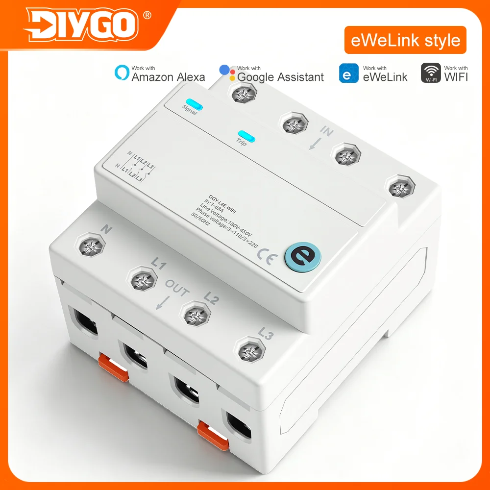 Ewelink Remote Control Smart Wifi Circuit Breaker 3P+N 1-63A Din Rail Mount MCB 3 Relay Cut-off Live Wire Delay Timer Switch