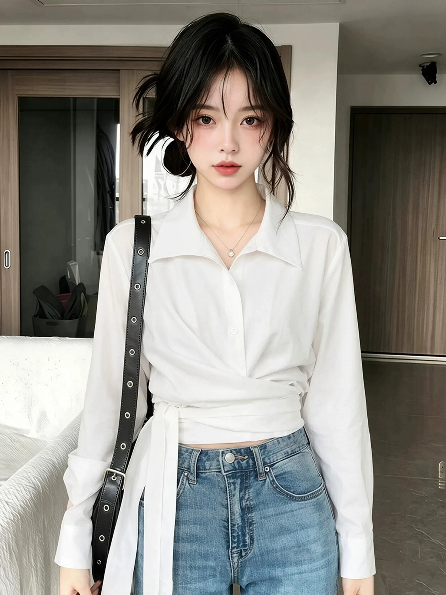 Slim Fit Short Shirt Women's French Style Belted Tie Waist Top White Color for Autumn Small Stature Thinming Effect