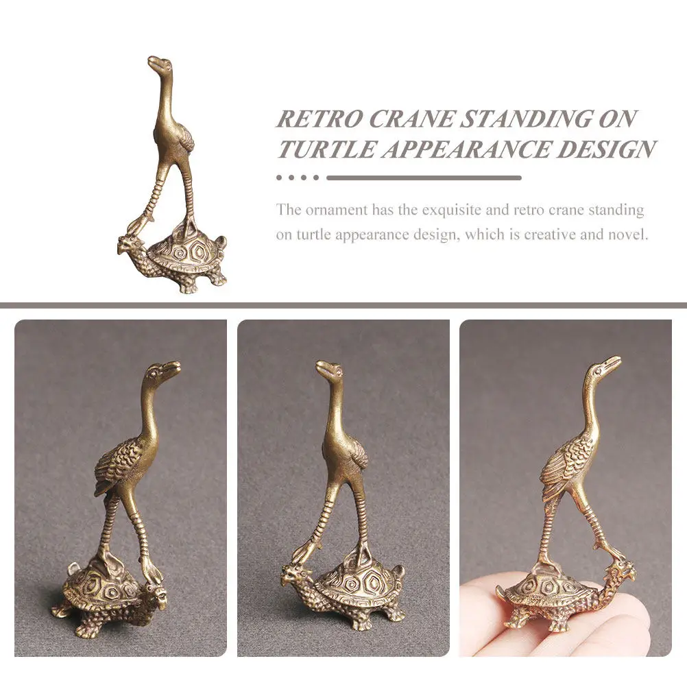 Brass Turtle Crane Tabletop Ornament Vintage Style Sturdy Strong Craftsmanship Smooth Mellow Finish Delicate Detail Home Decor