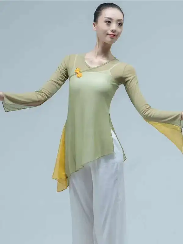 Camicia da ballo classica da donna, leggera, in rete trasparente, con corno superiore, manica lunga, abbigliamento da ballo popolare cinese con bottone a nodo