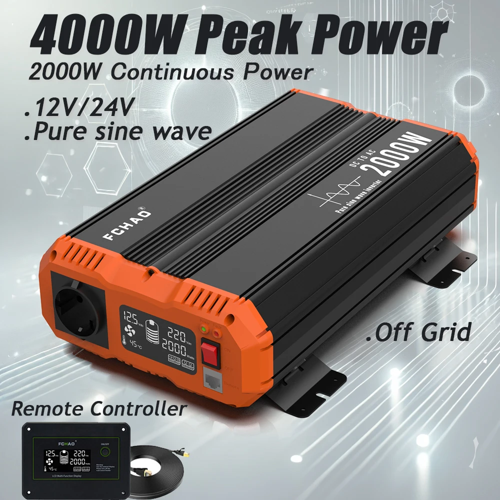 FCHAO 4000W Peak Power Inverter | DC 12V to AC 220V/230V Solar 2000W continuous Power Inverter with Remote Control for Home & RV