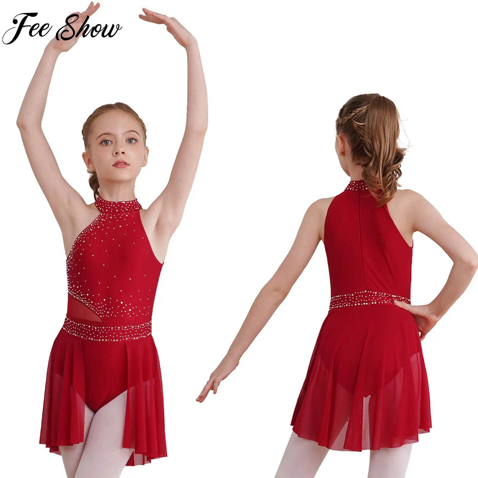 

Glittery Rhinestones Ballet Dance Dress Kids Girls Gymnastics Leotard Sleeveless Lyrical Modern Dance Stage Performance Costumes