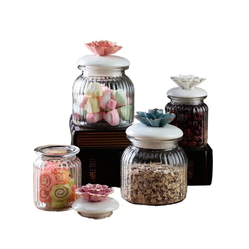 

:European-style Glass Sealed Jar Thickened Storage Jar with Lid Dried Fruit Snack Storage Box Cute Flower Decoration Ornaments