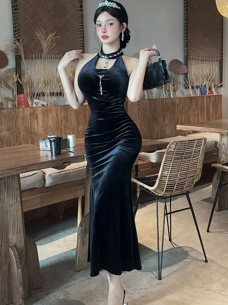 Outono inverno vermelho veludo diamantes pescoço-montado vestido feminino elegante vestido de festival de luxo 2025 coreano bodycon dança vestidos de festa