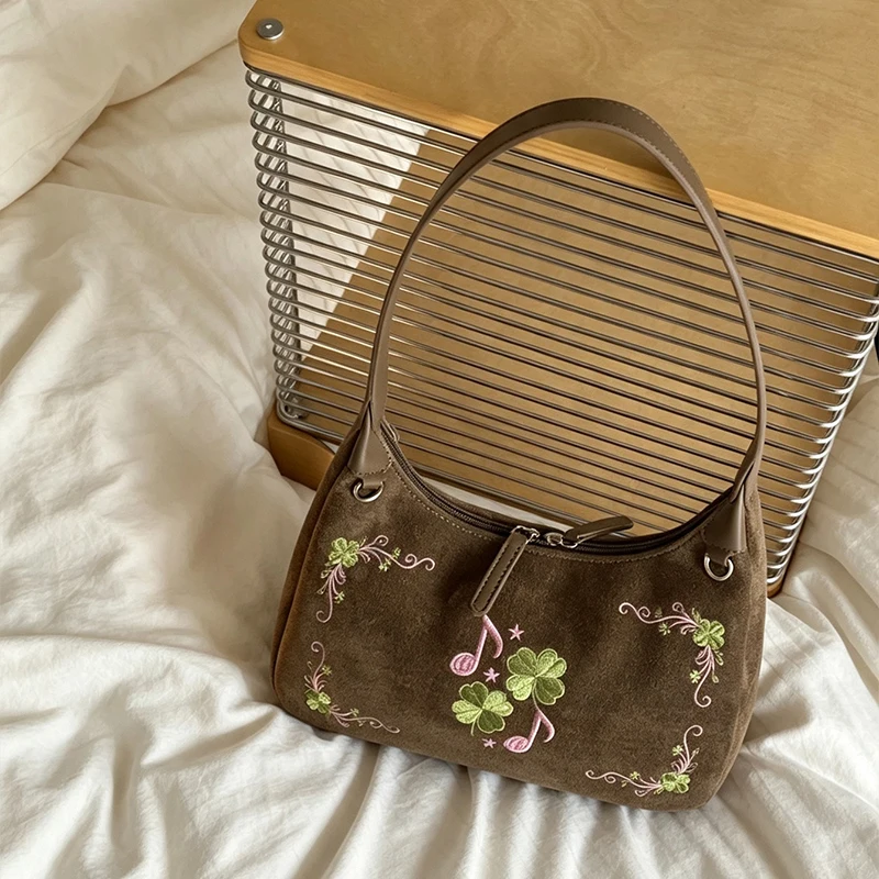 Vintage Grass Music Note Embroidery Shoulder Bag Suede Hobo Handbag Casual Zipper Women Commute Underarm Purse Crossbody Tote