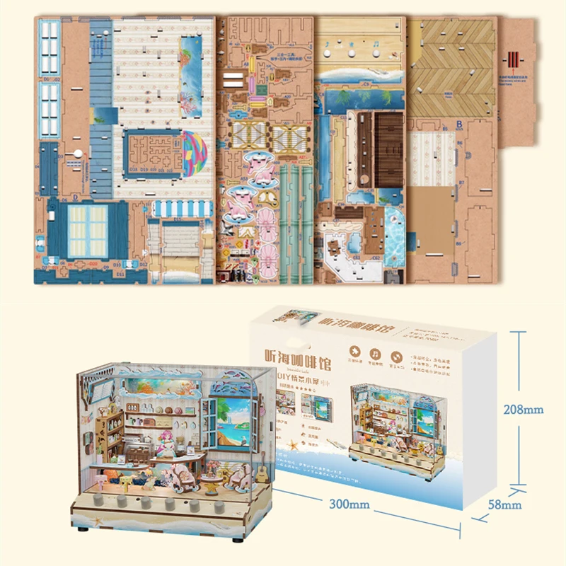 3D Wooden Puzzle Beachside Coffee Casa Assembled Miniature Model Kits With Sound Puzzles Friends Birthday Gifts Home Decoration