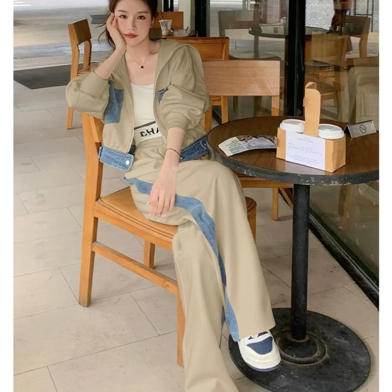 Spring/Autumn Leisure Sports Suit Women\'s New Fashion Color Contrast Cardigan Hoodie High Waist Wide Leg Pants Two Piece Set