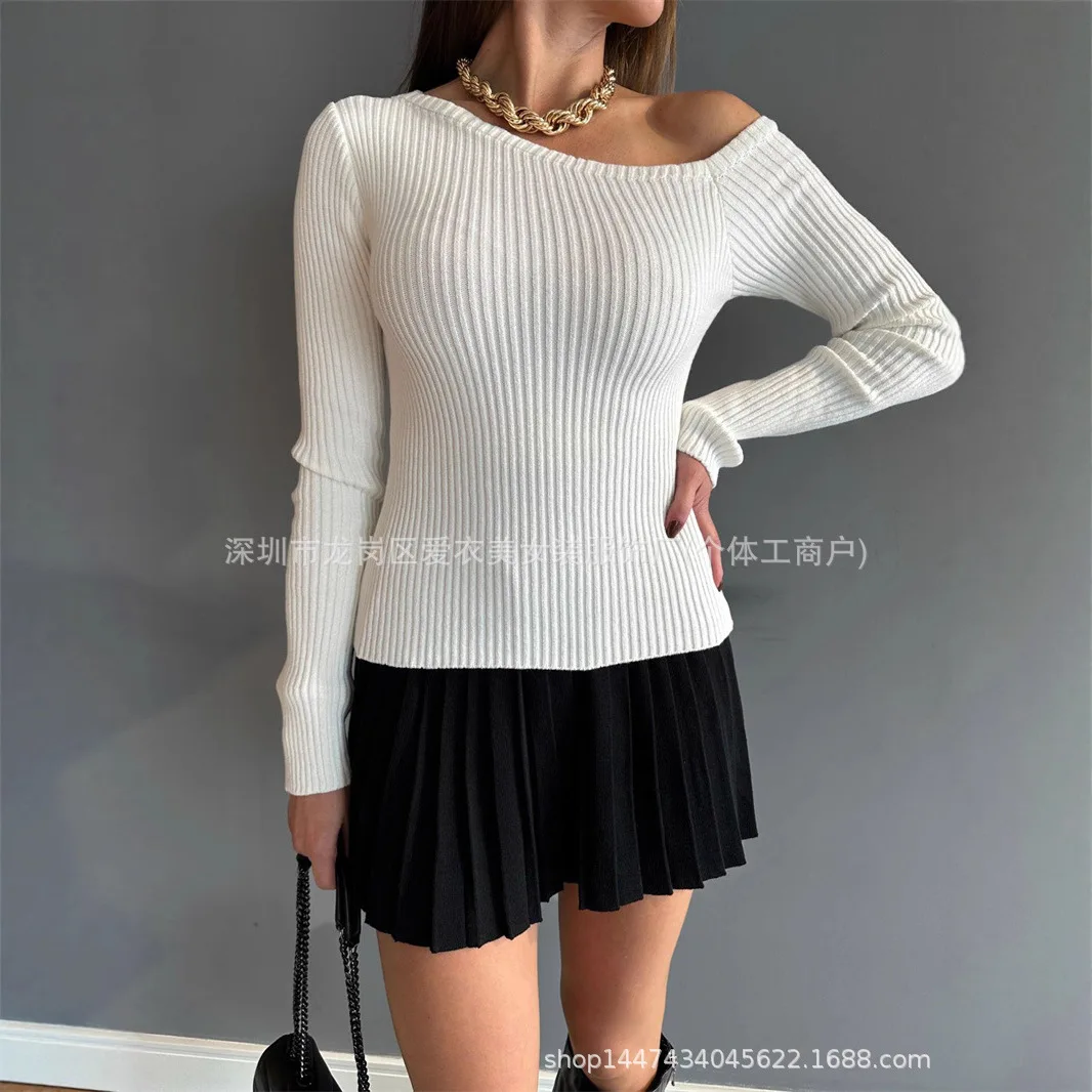 2025 Autumn Winter New Off Shoulder Slim Fit Long Sleeve Pullover Sweater Women White Black Two Colors Optional