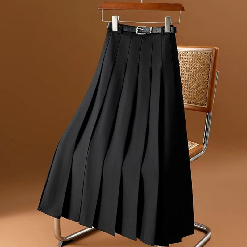 Lucyever All-Match Pleated Skirts Women Autumn Winter High Waist A-Line Folds Skirts Female Korean Fashion with Belt Midi Skirts