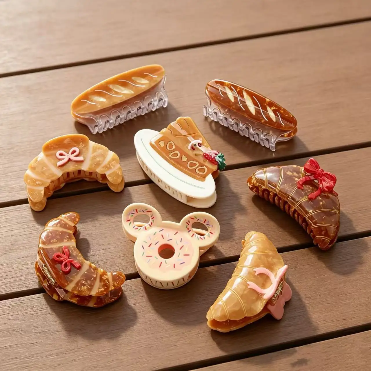 Kawaii Food Series Hair Claw Clip Cute Croissant Baguette Cake Donut Shark Clip Bow Decor Acrylic Hair Grab Hair Accessories