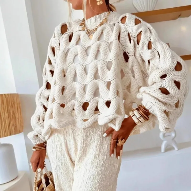 

Women's Fashion Sweater Spring Casual Solid Holiday Beach Hollow Hook Pattern Long-sleeve Sweater Pullover Tops Women Streetwear